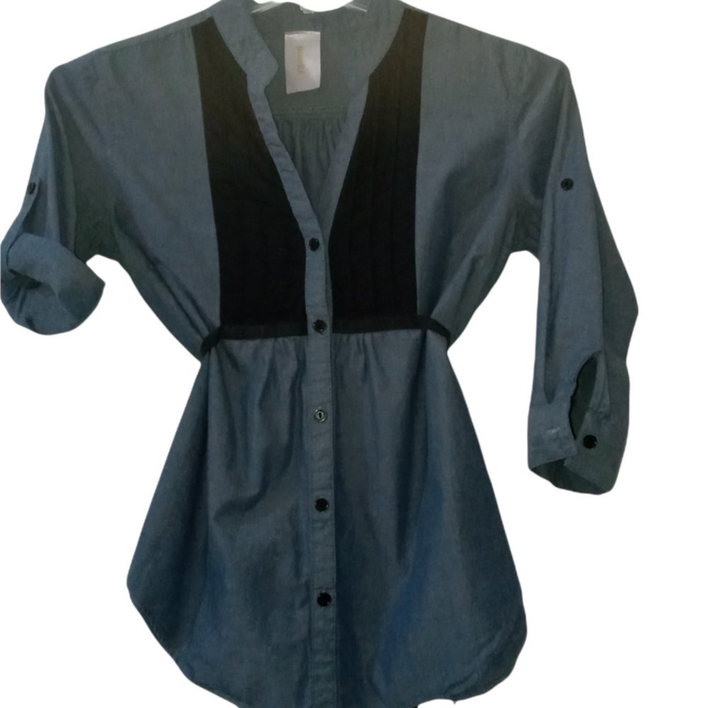 Chambray top shirt blouse Size‎ Small Ties Roll Sleeves Buttons PaulnKC